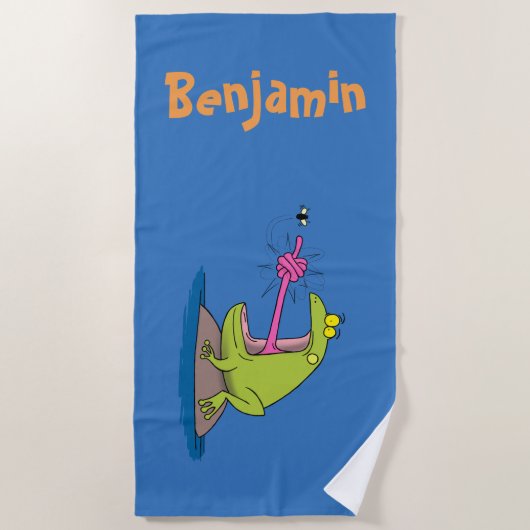 Grote groene kikker die vliegende cartoon vangt strandlaken (Voorkant)