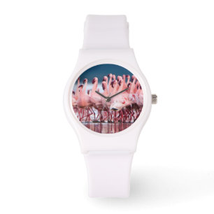 Grote groep kleine flamingo's horloge