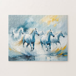 Grote groep witte paarden die door de zee rennen legpuzzel