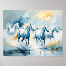 Grote groep witte paarden die door Zee rennen Poster