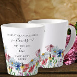 Grote grootmabloemen gedicht land Wilde bloem Latte Mok<br><div class="desc">Als Overgrootmoeder bloemen waren, kiezen we je... gepersonaliseerde latte mok voor je grootmoeder - of je kunt je aanpassen voor iedereen! bloemontwerp van de waterverf met landelijke wildbloemen. Het wordt geletterd met elegante typografie en handgeschreven manuscript. De waterverf wilde bloemen zijn onder meer conefloer, madeliefje, korenbloem, papaver en klaver. Een...</div>