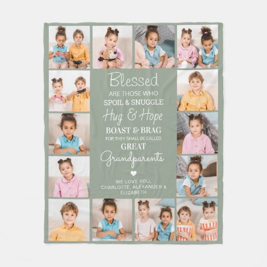 Grote Grootouders Custom Sage Groene Fotocollage Fleece Deken (Voorkant)