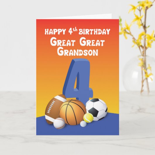 Grote Grootzoon 4th Birthday Sports Balls Kaart (Gele Bloem)
