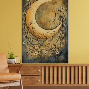 grote halvemaan omringd door delicate bloemmotieve poster