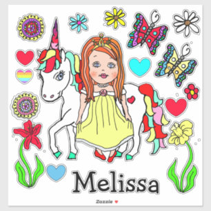 Grote handdragende prinses en Unicorn en naam Sticker