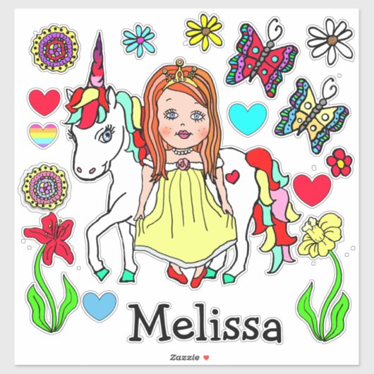 Grote handdragende prinses en Unicorn en naam Sticker (Vel)