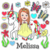 Grote handdragende prinses en Unicorn en naam Sticker (Voorkant)