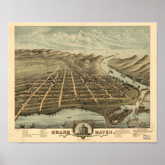 Grote Haven Michigan 1874 Antiek Panoramische Kaar Poster (Voorkant)