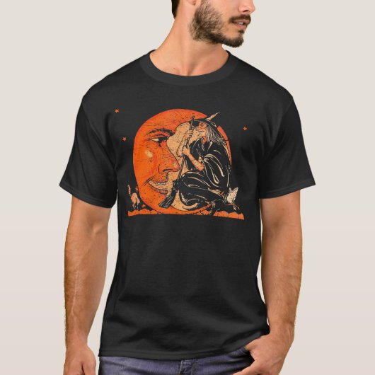Grote heks en maan Halloween T-shirt (Voorkant)