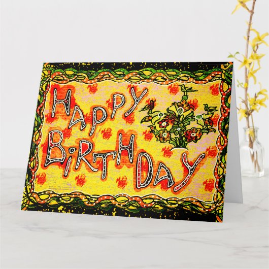 Grote, heldere Russische folderkunst Happy Birthda Kaart (Gele Bloem)