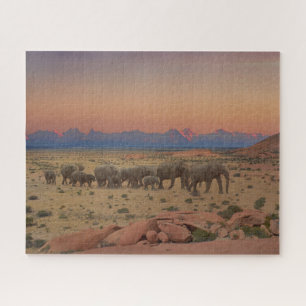 Grote herd van Elephants Sunset Natuur Foto Legpuzzel