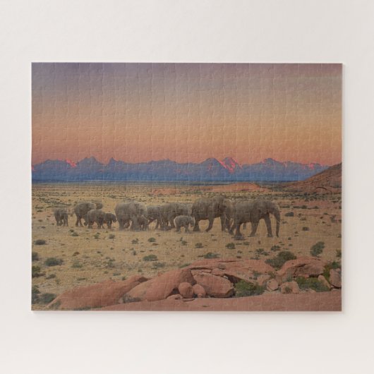 Grote herd van Elephants Sunset Natuur Foto Legpuzzel (Horizontaal)