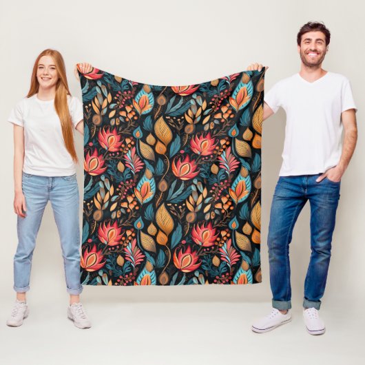 Grote herfst bloemige print digitale folk art fleece deken (In situ)