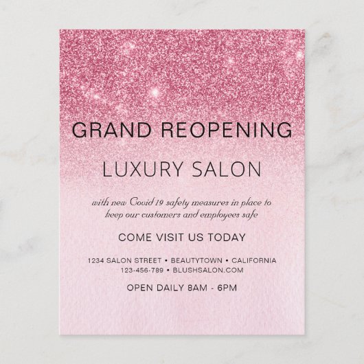 Grote heropening Blush Roze Glittersalon Flyer (Voorkant)