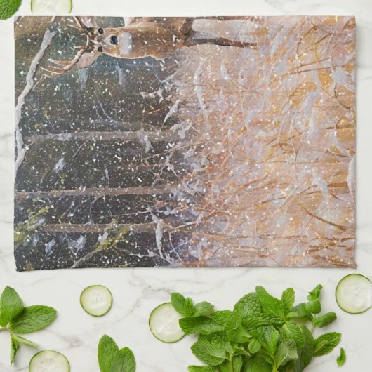 Grote Herten Buck in Sneeuw Vallende Kunst Keukenh Theedoek (Gevouwen)