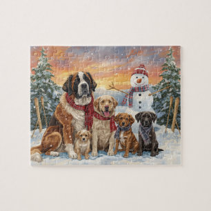 Grote Honden Kleine Honden Winter Sneeuwman Kunst Legpuzzel