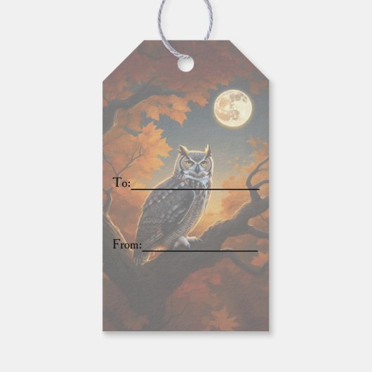 Grote Horned Uil in de herfst Cadeaulabel (Achterkant)