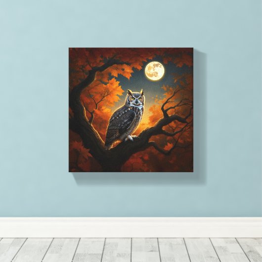 Grote Horned Uil in de herfst Canvas Afdruk (Insitu (Houten vloer))