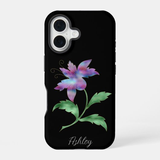 Grote iriserende bloem, scriptnaam op zwart iPhone 16 hoesje (Achterkant)