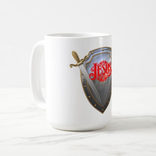 Grote Jezus zwaard en schild Mok (Voorkant links)
