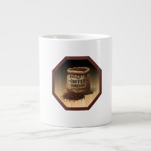 Grote jutezak met label voor Halfhyde Coffee Co Koffiekop