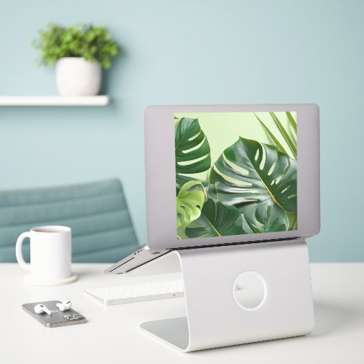 Grote kamerplant bladeren met tekstruimte sticker (Laptop op bureau)