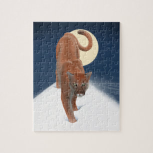 grote kat in de wintersneeuw - bergachtige leeuw legpuzzel