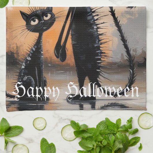 Grote Kat Kleine Kat Halloween Theedoek (Gevouwen)