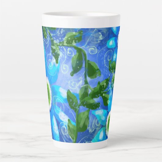 Grote keramische latte Mok bloemenblauw groen Blau (Voorkant)