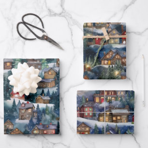 Grote Kerst Winter Cabins Waterverf Inpakpapier Vel
