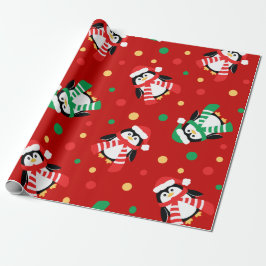 Grote kerstpinguins Cute Childrens Red Cadeaupapier