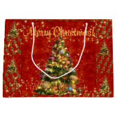 Grote kersttas met mousserende kerstbomen groot cadeauzakje (Voorkant)