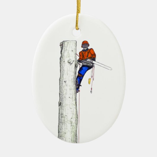 Grote kettingzaag nodig.Arborist Tree chirurg Keramisch Ornament (Voorkant)