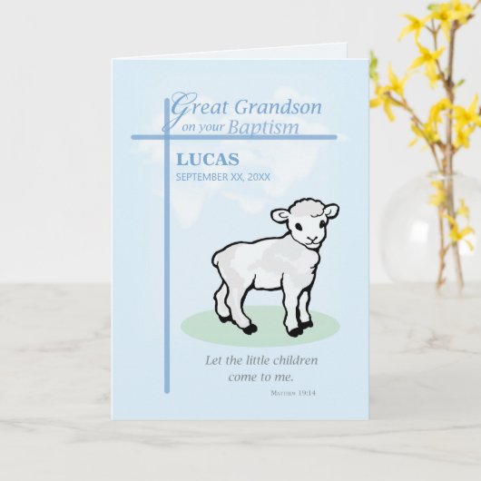 Grote kleinzoon aangepaste naam en datum doop blau kaart (Gele Bloem)