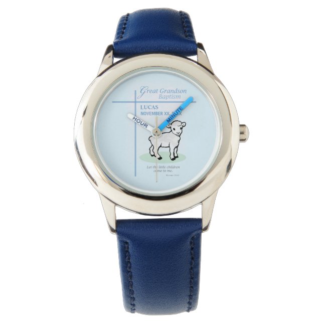 Grote kleinzoon doop Blauw Lam gepersonaliseerd Horloge (Voorkant)