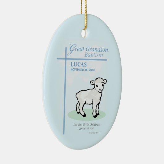 Grote kleinzoon doop Blauw Lam gepersonaliseerd Keramisch Ornament (Rechts)