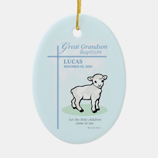 Grote kleinzoon doop Blauw Lam gepersonaliseerd Keramisch Ornament (Voorkant)