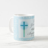 Grote kleinzoon doop blauwe kant gepersonaliseerd koffiemok (Voorkant links)