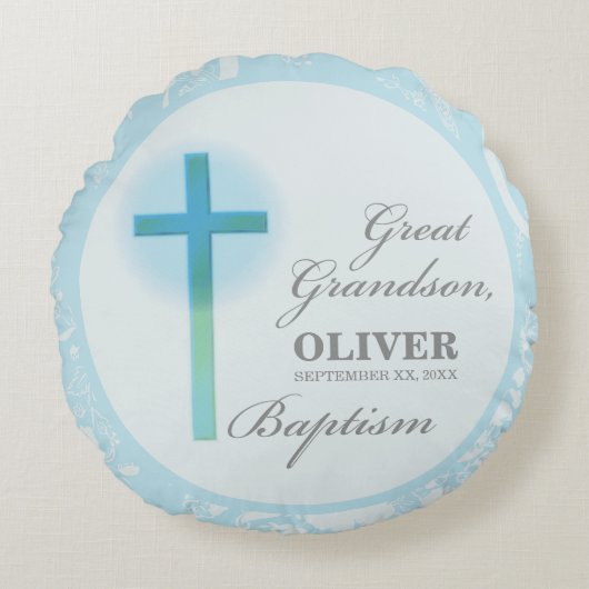 Grote kleinzoon doop blauwe kant gepersonaliseerd rond kussen (Voorkant)