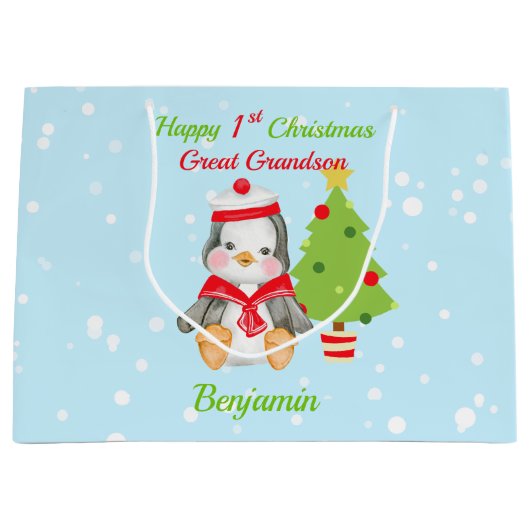 Grote kleinzoon Happy 1-Kerstmis Penguin Groot Cadeauzakje (Voorkant)