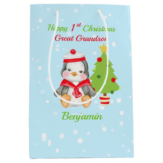 Grote kleinzoon Happy 1-Kerstmis Penguin Medium Cadeauzakje (Voorkant)