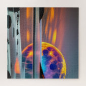 Grote, kleurrijke maan stijgt boven water legpuzzel (Horizontaal)