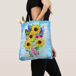 Grote kleurrijke Teenzak Zonnebloemen en vlinder Tote Bag