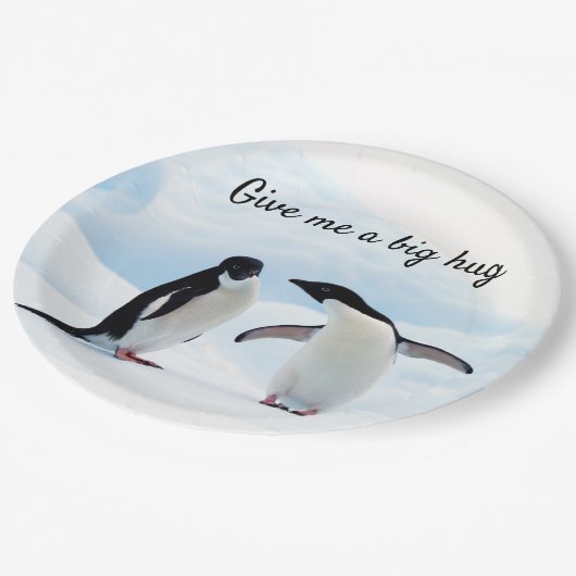 Grote knuffel Penguin op ijsfoto met tekst Papieren Bordje (Gekanteld)