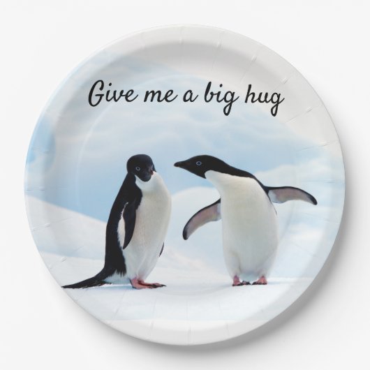 Grote knuffel Penguin op ijsfoto met tekst Papieren Bordje (Voorkant)