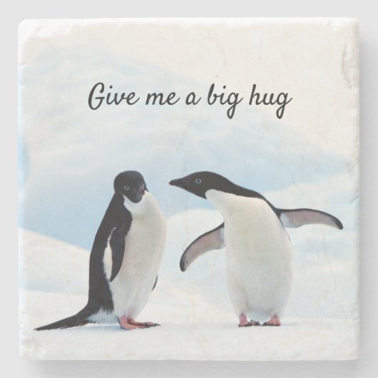 Grote knuffel Penguin op ijsfoto met tekst Stenen Onderzetter (Voorkant)