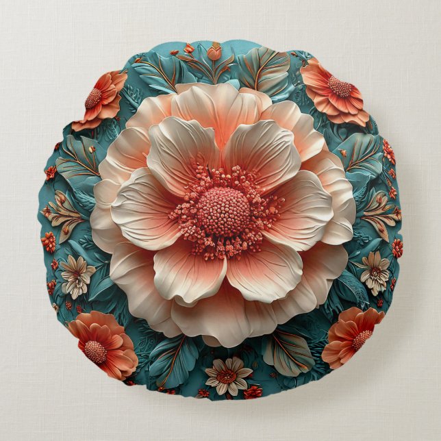 Grote Koraalbloemen Rond Kussen (Voorkant)