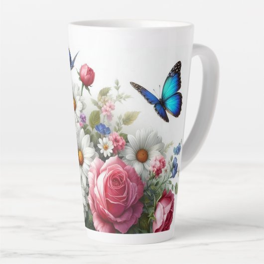 Grote Latte Mok - Rozen, madeliefjes, vlinders (Rechterhoek)