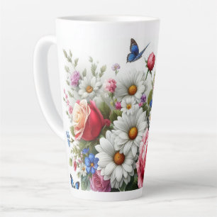 Grote Latte Mok - Rozen, madeliefjes, vlinders