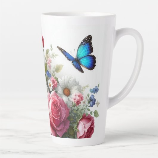 Grote Latte Mok - Rozen, madeliefjes, vlinders (Rechts)